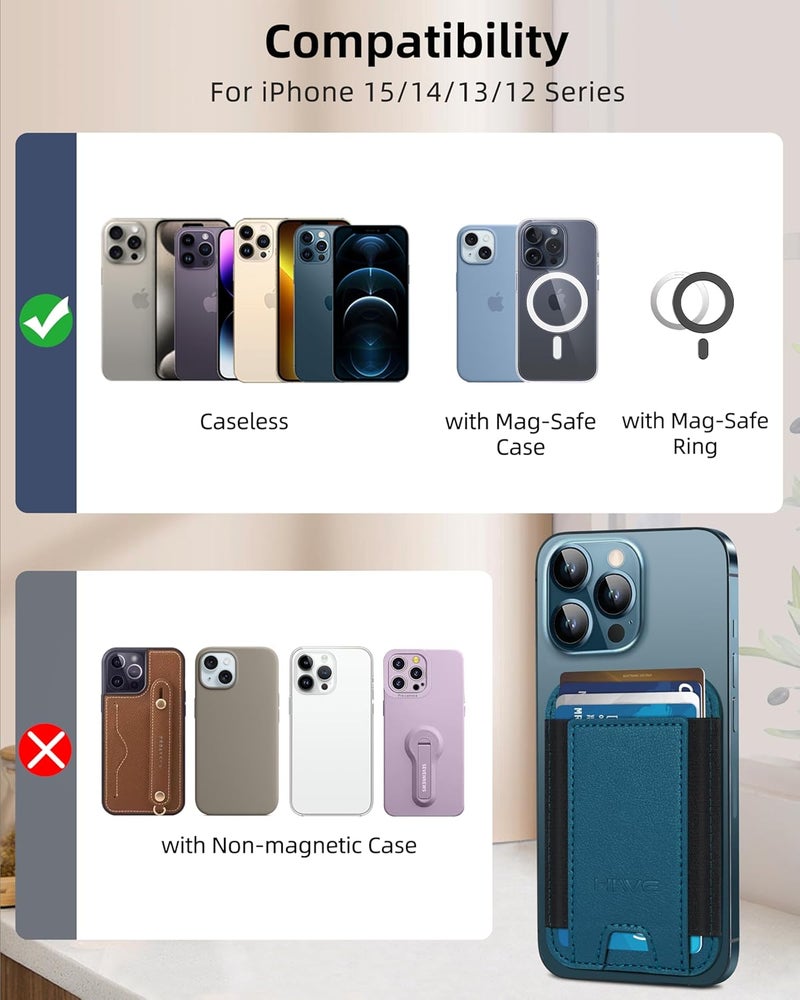 HiWe for MagSafe Wallet, Strongest Magnetic Wallet for iPhone 17/16/15/14/13/12 Series, 7 Cards Holder, Leather Minimalist Slim RFID, 1 Slot, Dark Blue & Black - Image 5